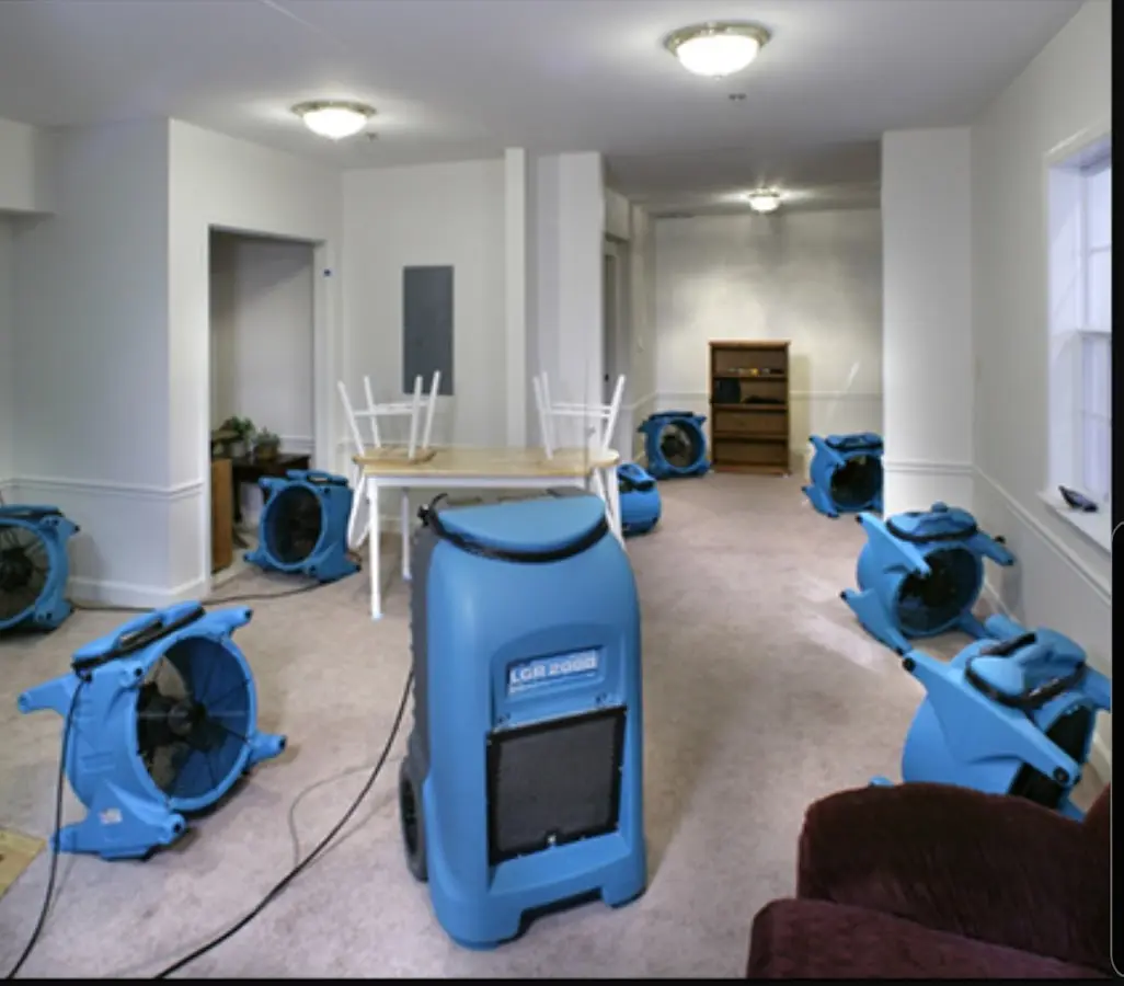 Air movers and dehumidifier setup for Water Damage Restoration in Eastlake